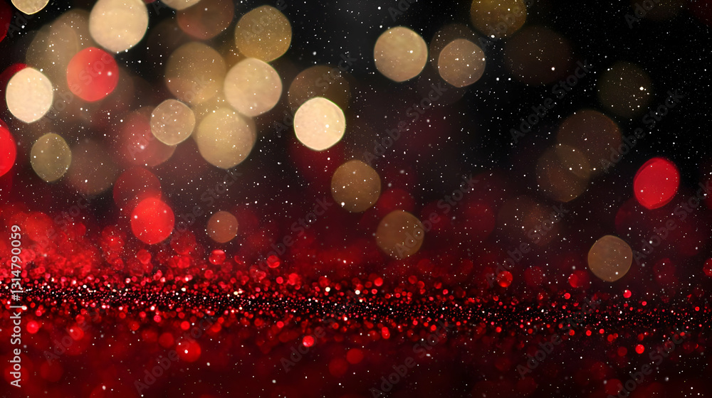 Poster red and golden glitter bokeh lights festive christmas background with sparkles and dark abstract tex