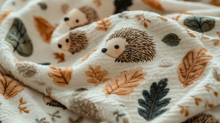 Obraz premium Cozy blanket with hedgehog and leaf patterns.