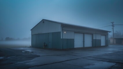 a storage structure with a misty blue sky in the background