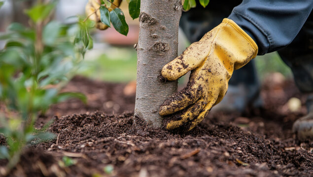 Hands covered in gardening gloves carefully plant a small tree into nutrient-rich soil, emphasizing the nurturing aspect of springtime gardening activities in a backyard