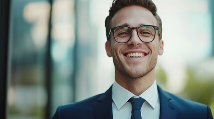 Fototapeta premium Smiling businessman in glasses, wearing suit outdoors, exuding confidence and success