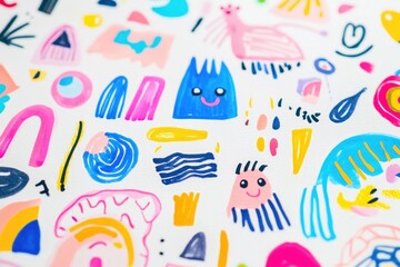 A vibrant collection of hand-drawn abstract shapes and playful characters in bright colors.