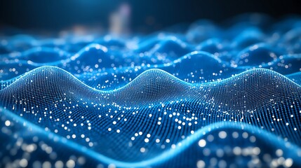 Digital wave landscape with flowing luminous particles and data stream