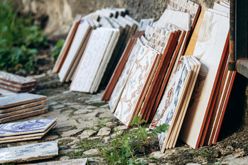 Lisbon, Portugal - December 28, 2024: Close-up of traditional azulejo tiles in the antique shop Authentica in the Alfama district of Lisbon