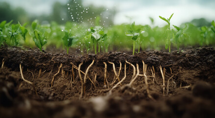 Roots intertwine in dark soil as they absorb moisture and nutrients, promoting healthy plant development. Nearby greenery flourishes under a cloudy sky, reflecting nature's vitality