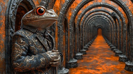 Frog in suit, archway tunnel, fiery floor, fantasy scene, digital art