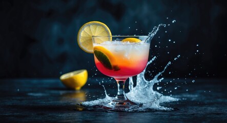On a dark background, a colorful cocktail in a glass with splashes and lemon.