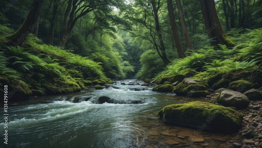 Poster a stream in the forest flows in the shade. forest river stream. flow of river stream in forest. deep