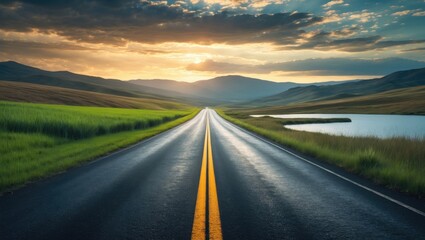 Fototapeta premium I want to design an advertisement for a car battery. I only require the background, captured from a ground-level shot angle with a beautiful road set in a highly dramatic landscape.