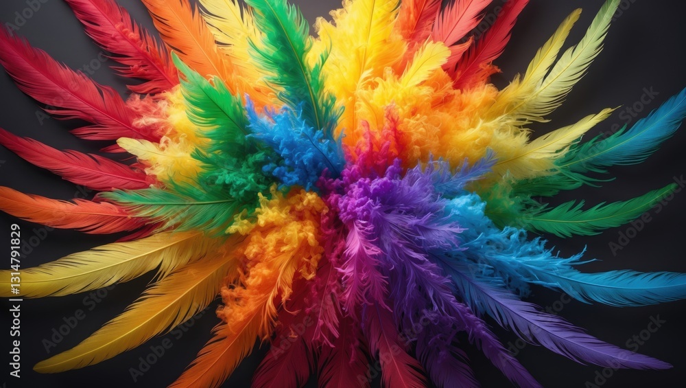 Poster an abstract design bursting with vibrant rainbow colors that resembles feather-like textures against