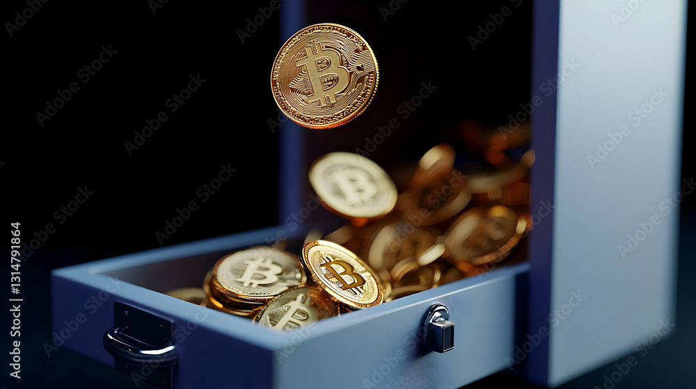 Poster golden bitcoins flowing into a secure safe against a dark background