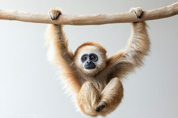 Naklejka premium Cute gibbon swinging from branch against a neutral background in a playful pose