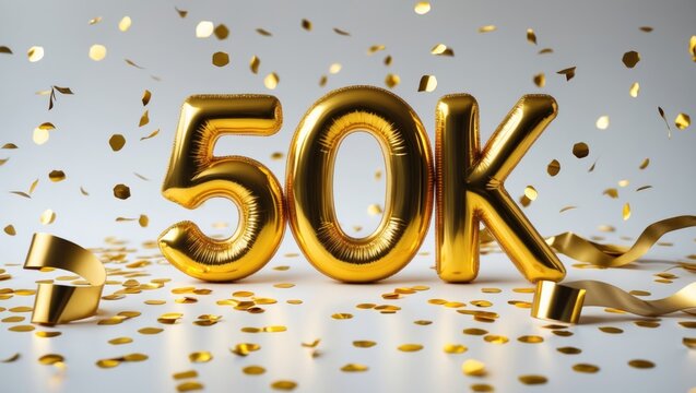 50K followers celebration. Poster for social media achievement. Thank you text. Golden confetti ribbons and sparkling decorations. Gratitude message on a white backdrop.