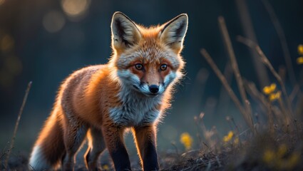 Obraz premium Red fox cub illuminated by evening light