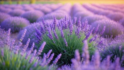 Obraz premium Blooming lavender field. Close-up of lavender sprigs against a blurred background. Essential oil culture. Concept of aromatherapy. Lavender oil. Cosmetology.