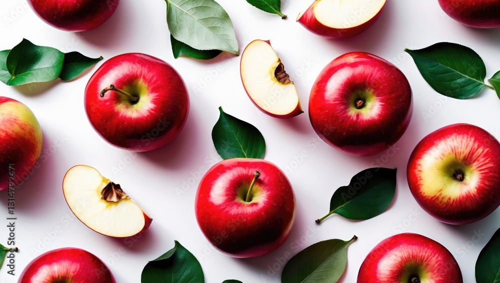 Poster red apple with half separated against a white backdrop featuring full depth of field. top view. flat