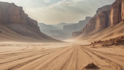 Naklejka premium Safari and travel, extreme journeys or scientific exploration in a rocky desert. Mountain scenery with dust on the horizon, hills, and tracks from the off-road vehicle.