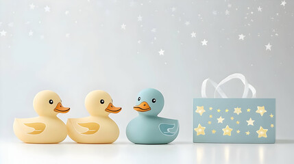Two Yellow And One Blue Rubber Duck Toys Next To A Starry Night Light Box On A White Surface