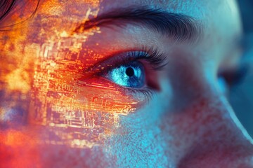 Close-up of a human eye with futuristic digital circuitry overlay, representing technological integration with human biology.