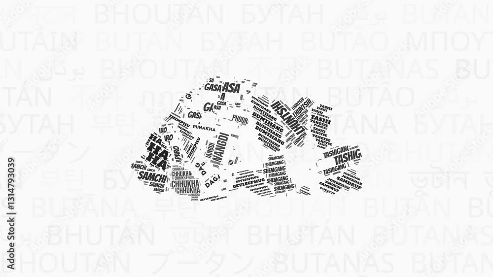 Poster bhutan intro animation. country with regions illustration video. background with country names in va
