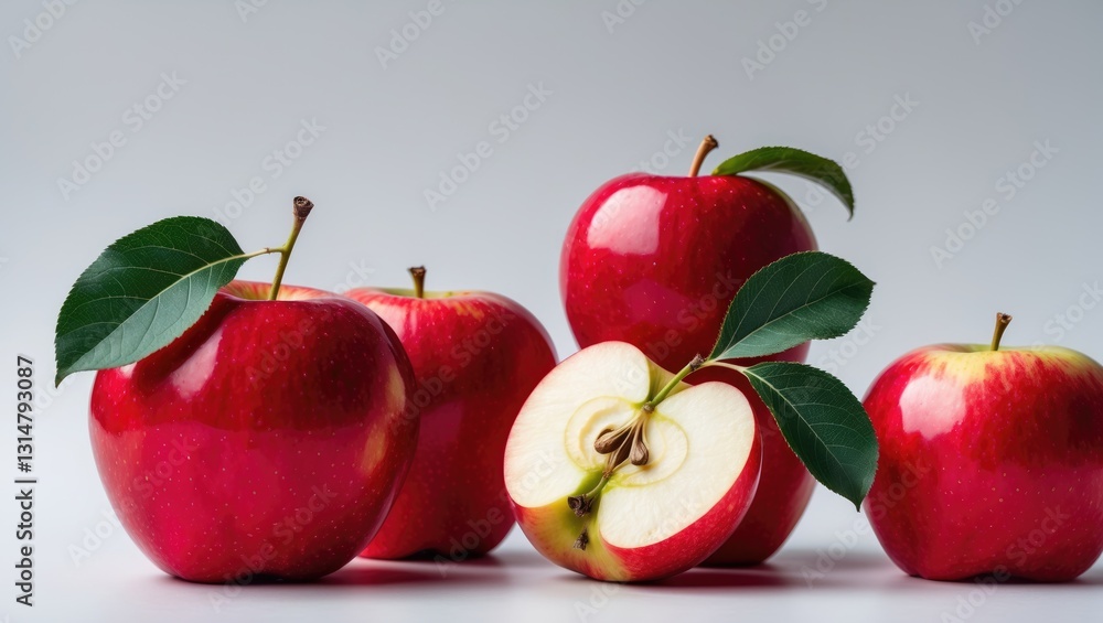 Poster collection of red apples. set of red apples isolated on background. macro view of red apple. with cl