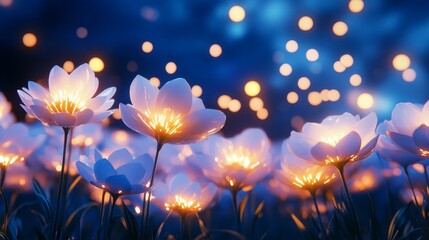 Ethereal garden of luminous flower glowing softly under a starlit sky with shimmering light