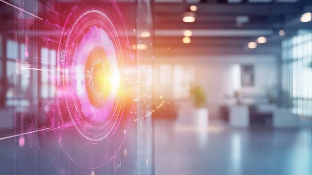 Advanced holographic security system interface with alert notifications and vibrant data visualizations in modern office environment