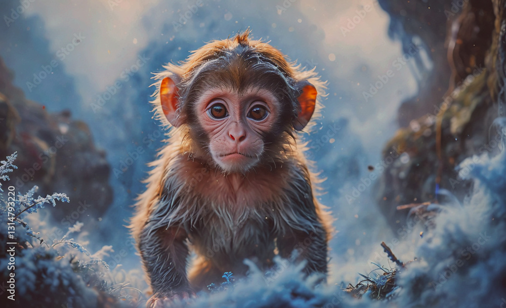 Poster baby monkey is standing in the snow. the image has a playful and lighthearted mood, as the baby monk