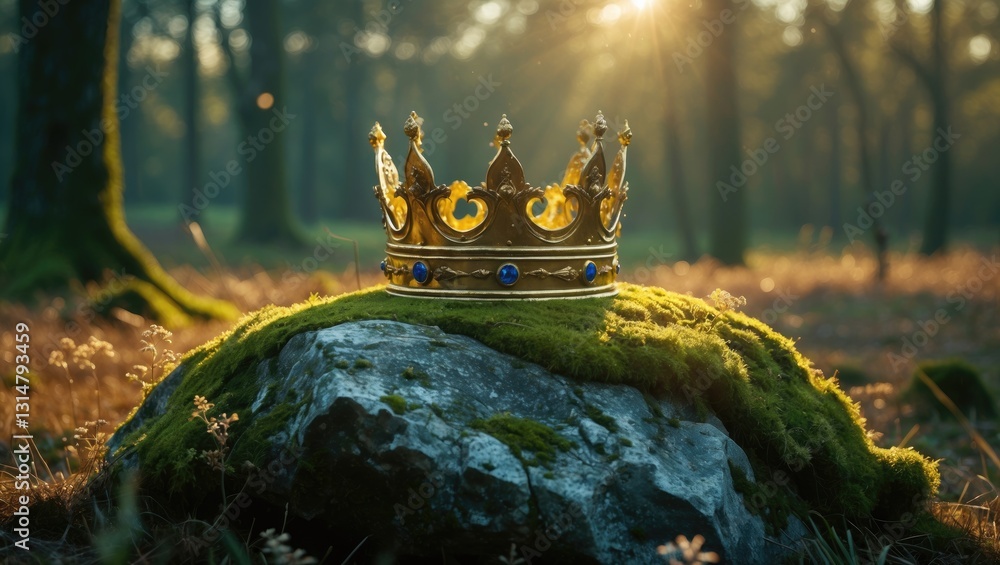 Poster mysterious and magical image of a gold king crown resting on a stone covered with moss in a woodland