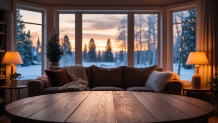 Empty table at home with a winter vibe announcement for new product arrival.