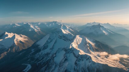 Fototapeta premium Aerial perspective of daylight snow-capped mountains beneath a clear sky.
