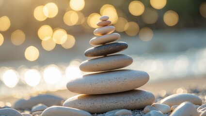 Obraz premium Balanced pebble pyramid situated on the beach during a sunny day. Abstract bokeh in the background. Selective focus. Zen stones on the beach, meditation, spa, harmony, calmness, balance theme.