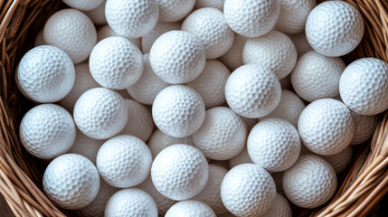 The close-up shot shows a wicker basket filled with white golf balls emphasizing the smooth texture and orderly arrangement.  AI generative