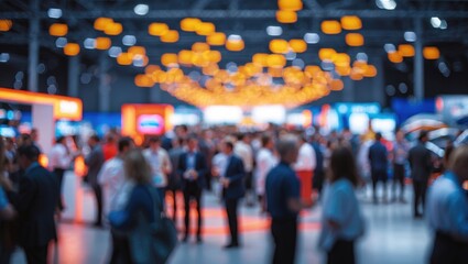 Fototapeta premium Abstract blurred background image featuring bokeh light of crowd people at exhibition show.