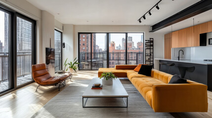 Fototapeta premium A modern living room design within a cozy apartment interior featuring stylish furniture and a welcoming atmosphere. AI generative