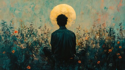 Obraz premium Man meditates in field under large moon