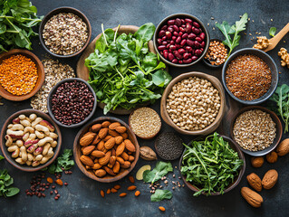 A vibrant assortment of fresh herbs, nuts, and seeds in rustic bowls on a dark surface.