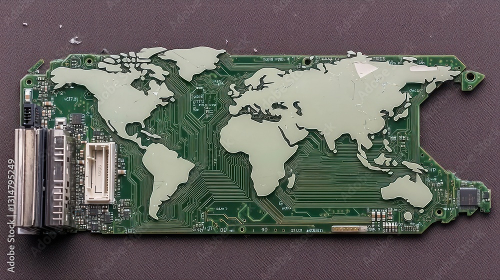 Poster green circuit board displaying world map overlay with electronic components
