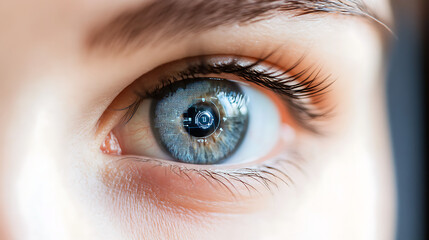 Fototapeta premium Realistic close-up animation of an augmented reality contact lens displaying real-time data and futuristic UI elements over a human eye 