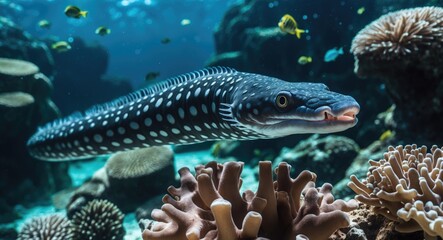 Fototapeta premium Grey spotted moray eel gliding through the coral reef. Animal in the ocean, corals and fish. Snorkeling alongside marine life, underwater photography. Wildlife image.