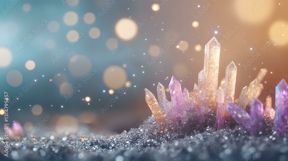 Aufkleber magical crystal formation with purple and clear quartz clusters emerging from sparkling surface agai