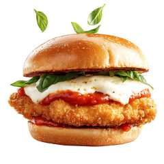 A Crispy Chicken Parmesan Sandwich with Marinara Sauce Isolated on Transparent Background