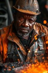 Fototapeta premium A skilled worker focused on his craft in a workshop, surrounded by vibrant sparks and rich textures of metals.