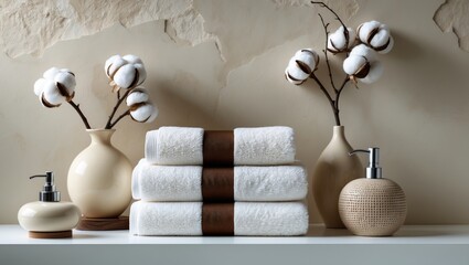 Spa bathroom setting. Towels placed on a white desk beside a white wall and decorative items with space for text. Neutral beige tones.