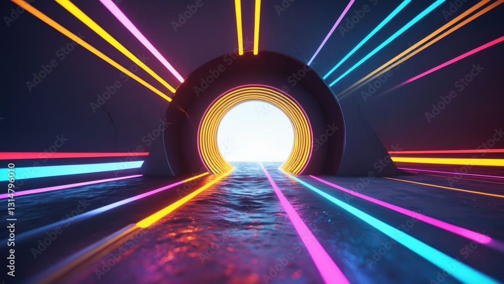 Poster abstract futuristic background featuring glowing lines leading into a catch hole, with colorful rays