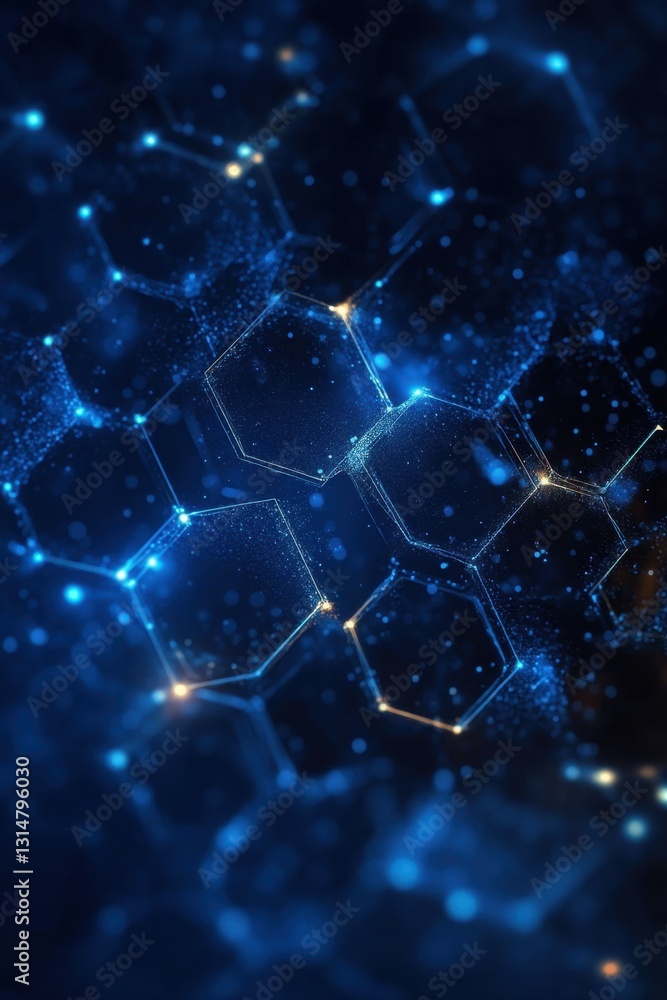 Poster abstract blue digital network with glowing hexagons and connected lines representing technology and 