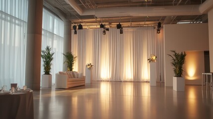 Minimalist business event decor, clean lines, soft lighting, and a modern professional vibe