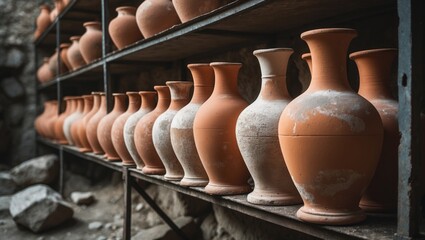 A vertical image of handmade clay pots and containers displayed on vintage wooden shelves.