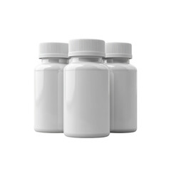 Three White Bottles with Blank Labels on a White Background