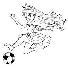 black and white line princess all variant activity. playing football, picking apples, playing music tools, playing badminton. worksheet coloring page